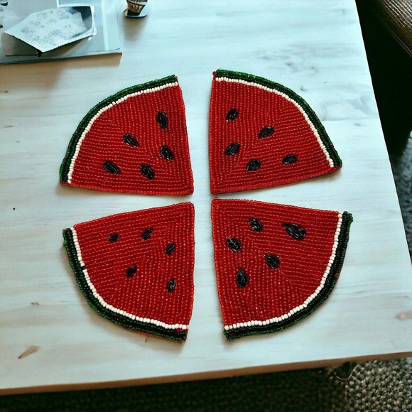 Set of 4 Vtg Summer Watermelon Beaded Drink Coasters Home Kitchen Decor - Picture 1 of 5